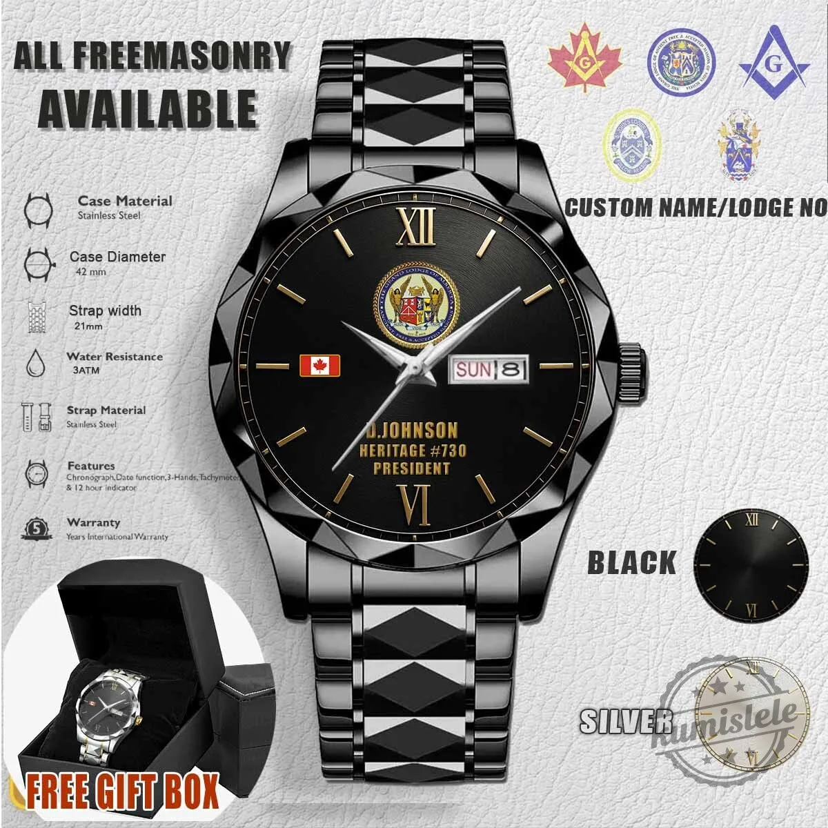 Grand Lodge of Alberta Freemasonry Stainless Steel Men's Watch 3 Grand Lodge of Alberta Freemasonry Stainless Steel Men