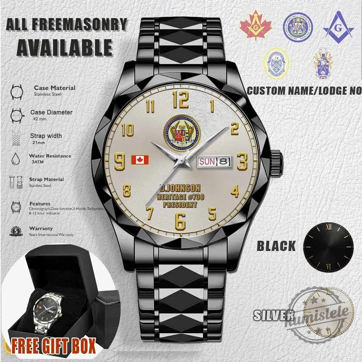 Grand Lodge of Alberta Freemasonry Stainless Steel Men's Watch 4 Grand Lodge of Alberta Freemasonry Stainless Steel Men