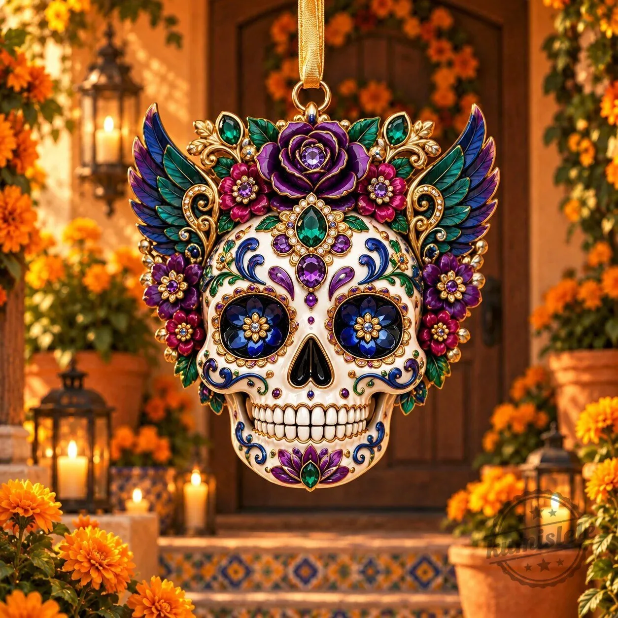 Mystic Purple Rose Sugar Skull Ornament for Day of the Dead Celebration