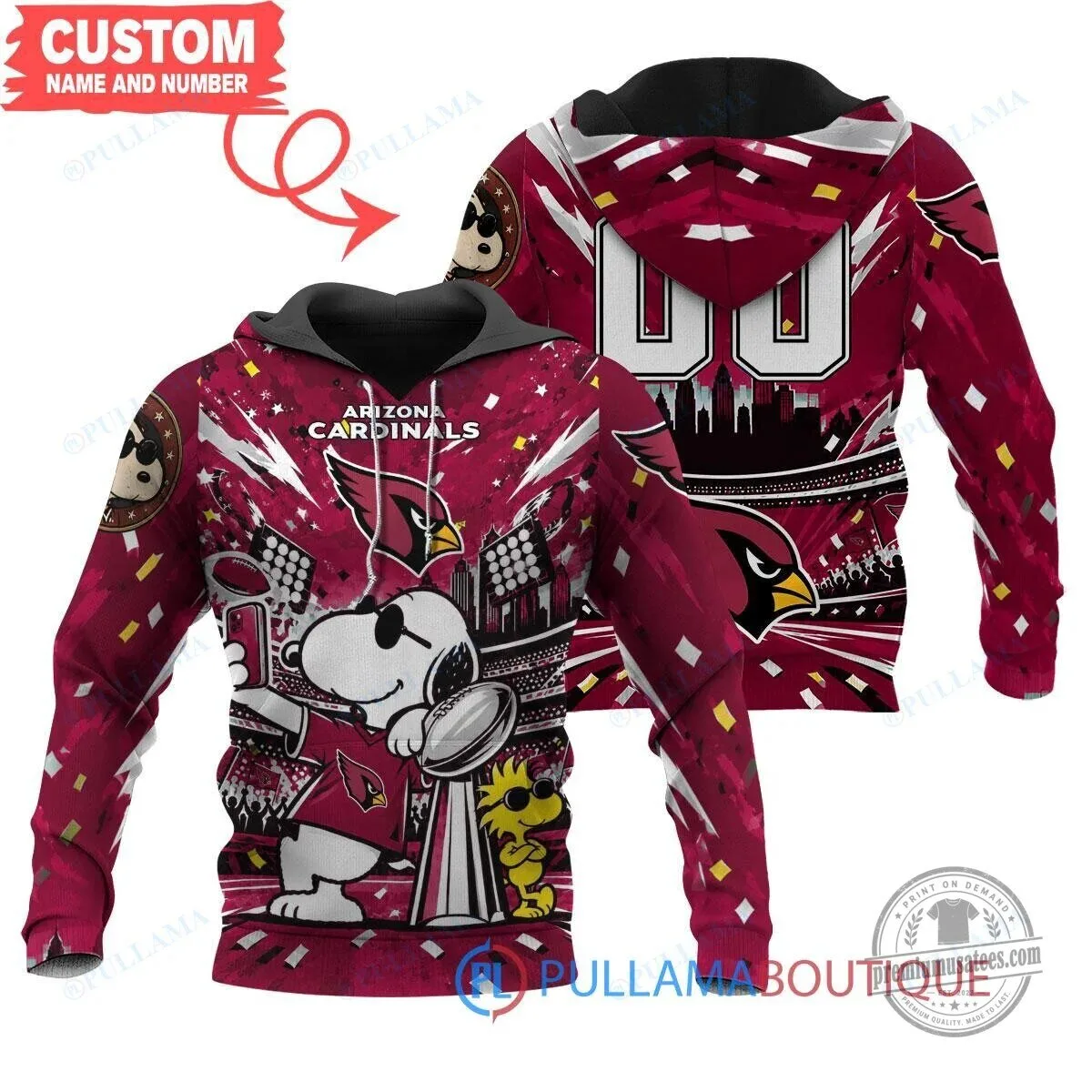 Arizona Cardinals Snoopy Super Bowl Trophy Custom Name and Number Hoodie