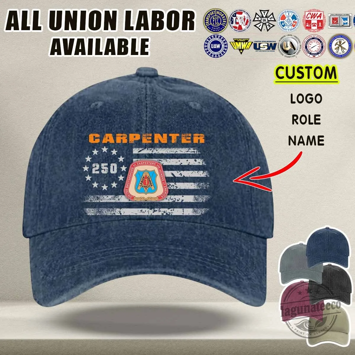Carpenter Union Labor 250 Years American Flag Washed Denim Baseball Cap Hat