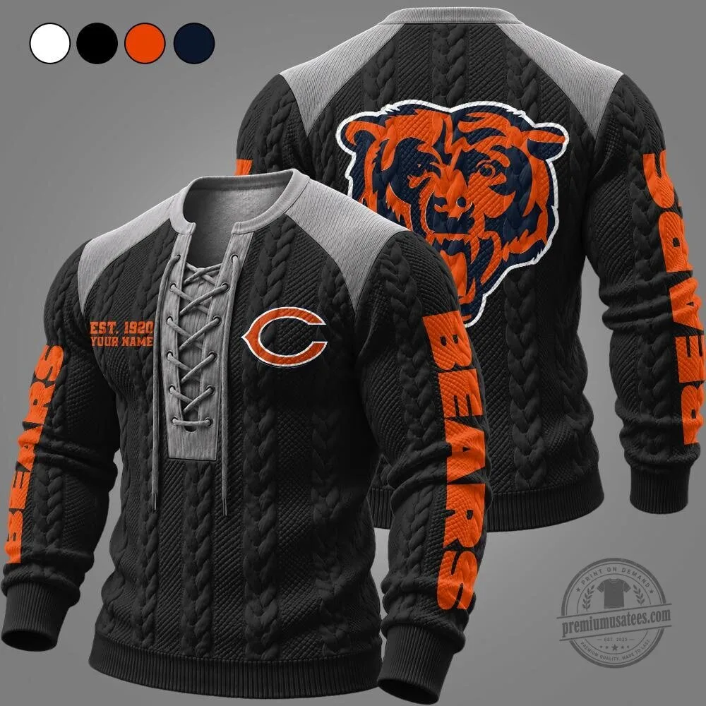 Chicago Bears NFL Team Cable Knit Lace-Up Pullover Long Sleeve Sweater 5 Chicago Bears NFL Team Cable Knit Lace-Up Pullover Long Sleeve Sweater