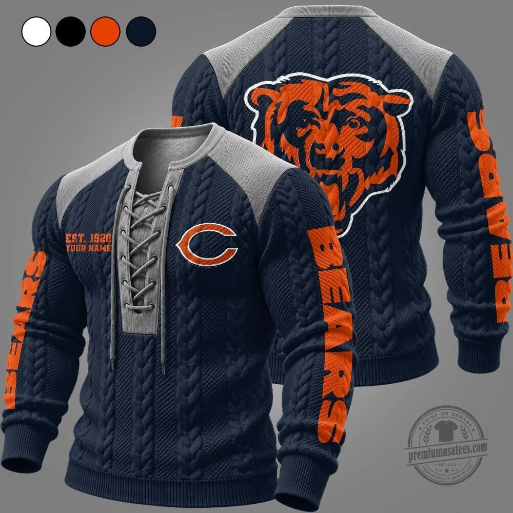 Chicago Bears NFL Team Cable Knit Lace-Up Pullover Long Sleeve Sweater 6 Chicago Bears NFL Team Cable Knit Lace-Up Pullover Long Sleeve Sweater