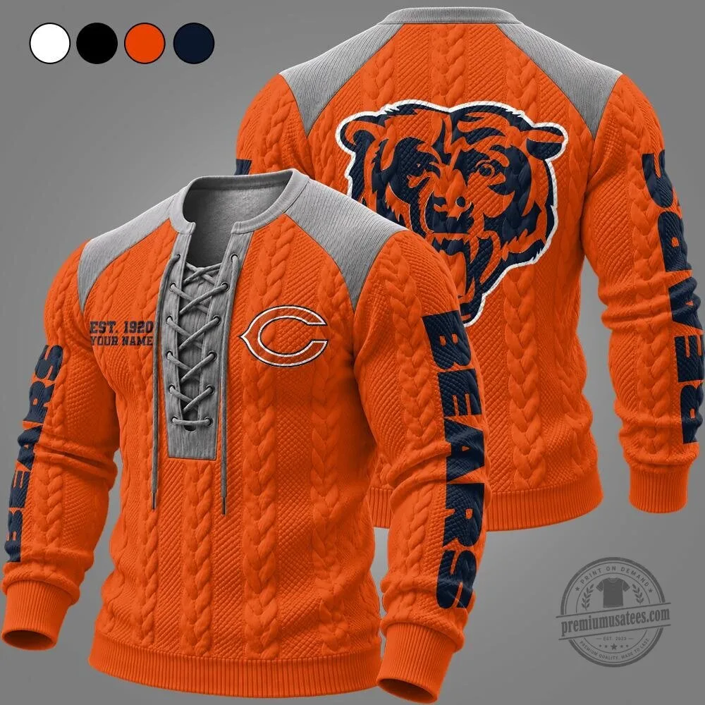 Chicago Bears NFL Team Cable Knit Lace-Up Pullover Long Sleeve Sweater 7 Chicago Bears NFL Team Cable Knit Lace-Up Pullover Long Sleeve Sweater