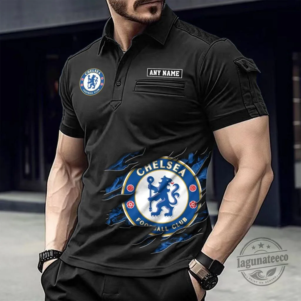 Chelsea Football Club Personalized Name Black Short Sleeve Polo Shirt for Men