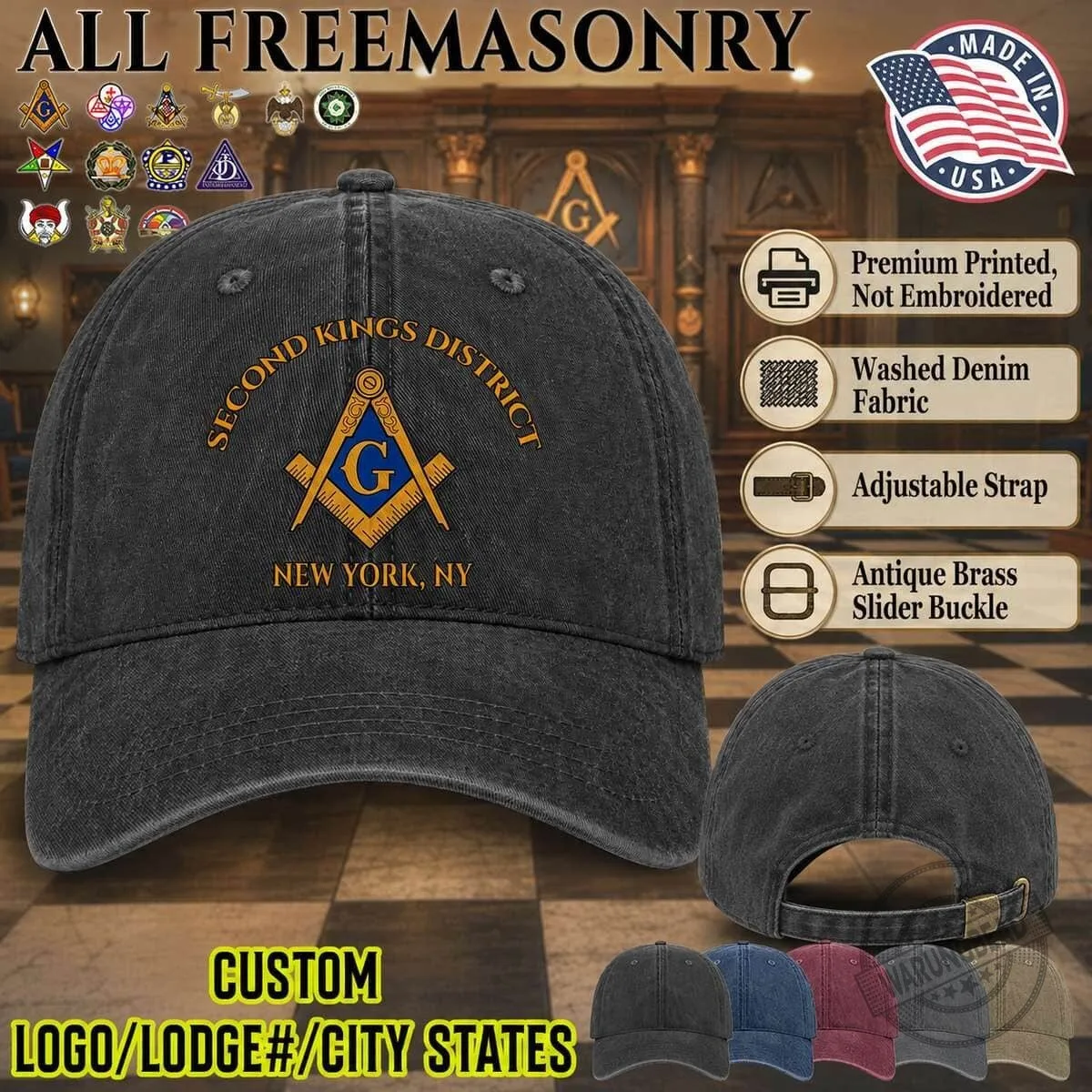 Freemasonry Second Kings District New York Washed Denim Adjustable Baseball Cap Hat