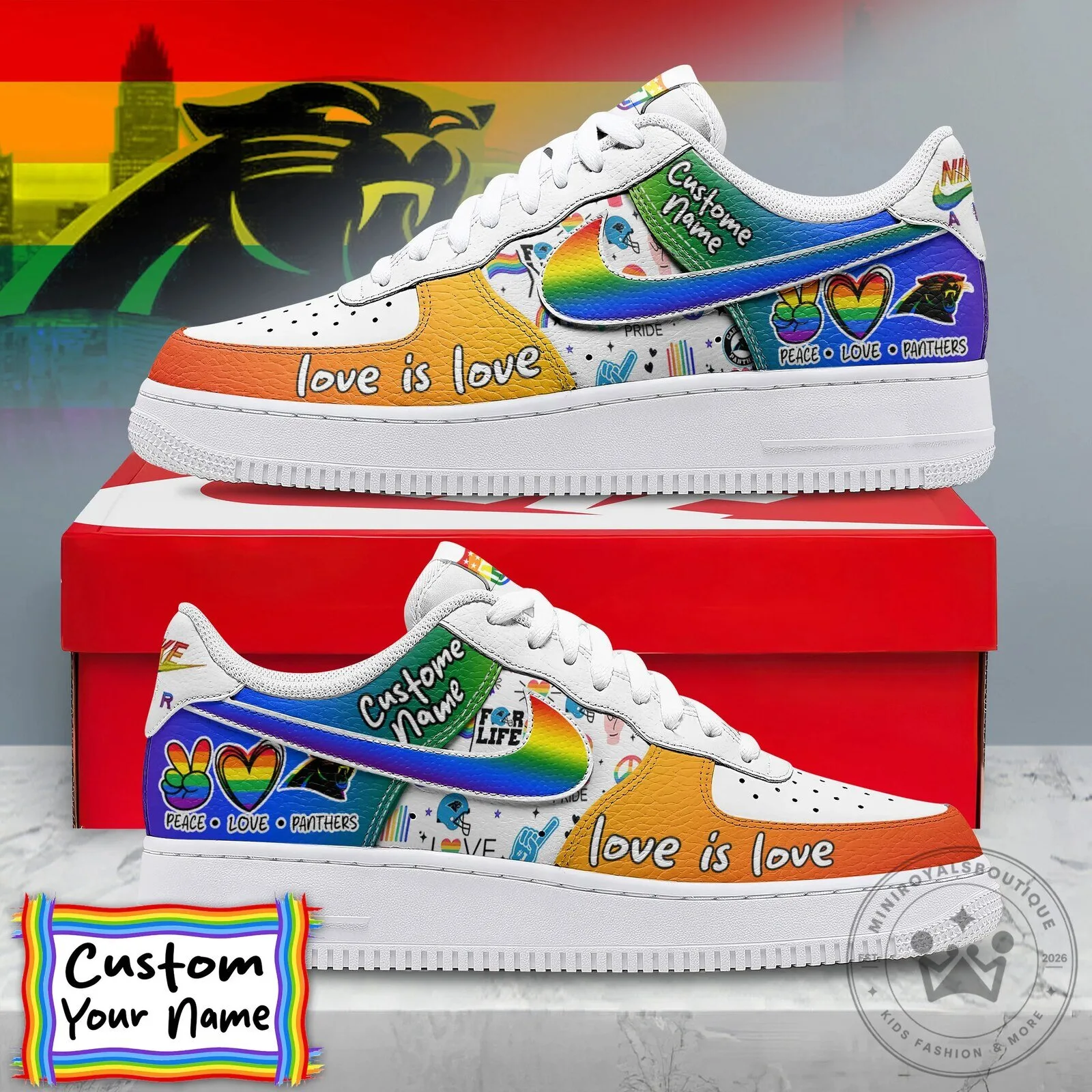 Carolina Panthers Pride Love Is Love Custom Name Rainbow Sneakers 3 Carolina Panthers Pride Love Is Love Custom Name Rainbow Sneakers
