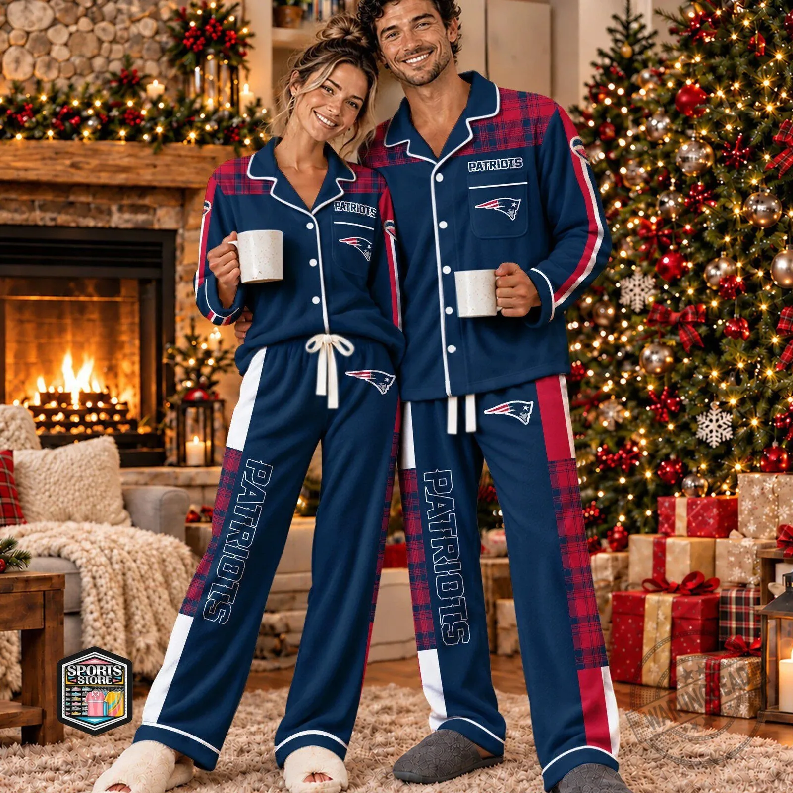 New England Patriots Plaid Flannel Matching Christmas Pajamas Set