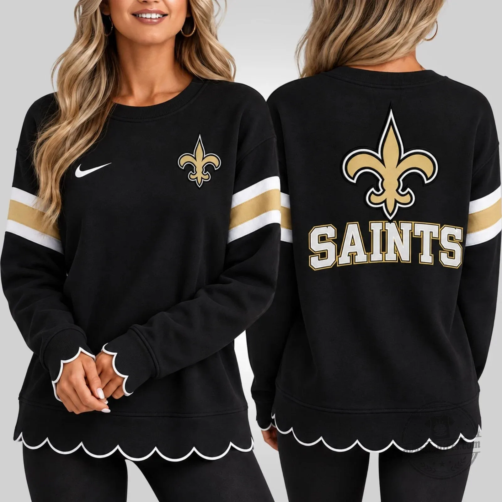New Orleans Saints Women's Black Scalloped Hem Crewneck Sweatshirt