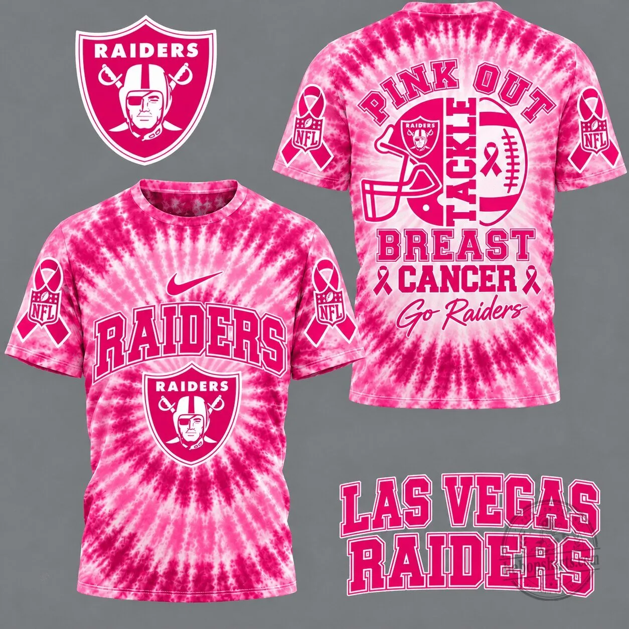Las Vegas Raiders Pink Tie-Dye Breast Cancer Awareness Football T-Shirt
