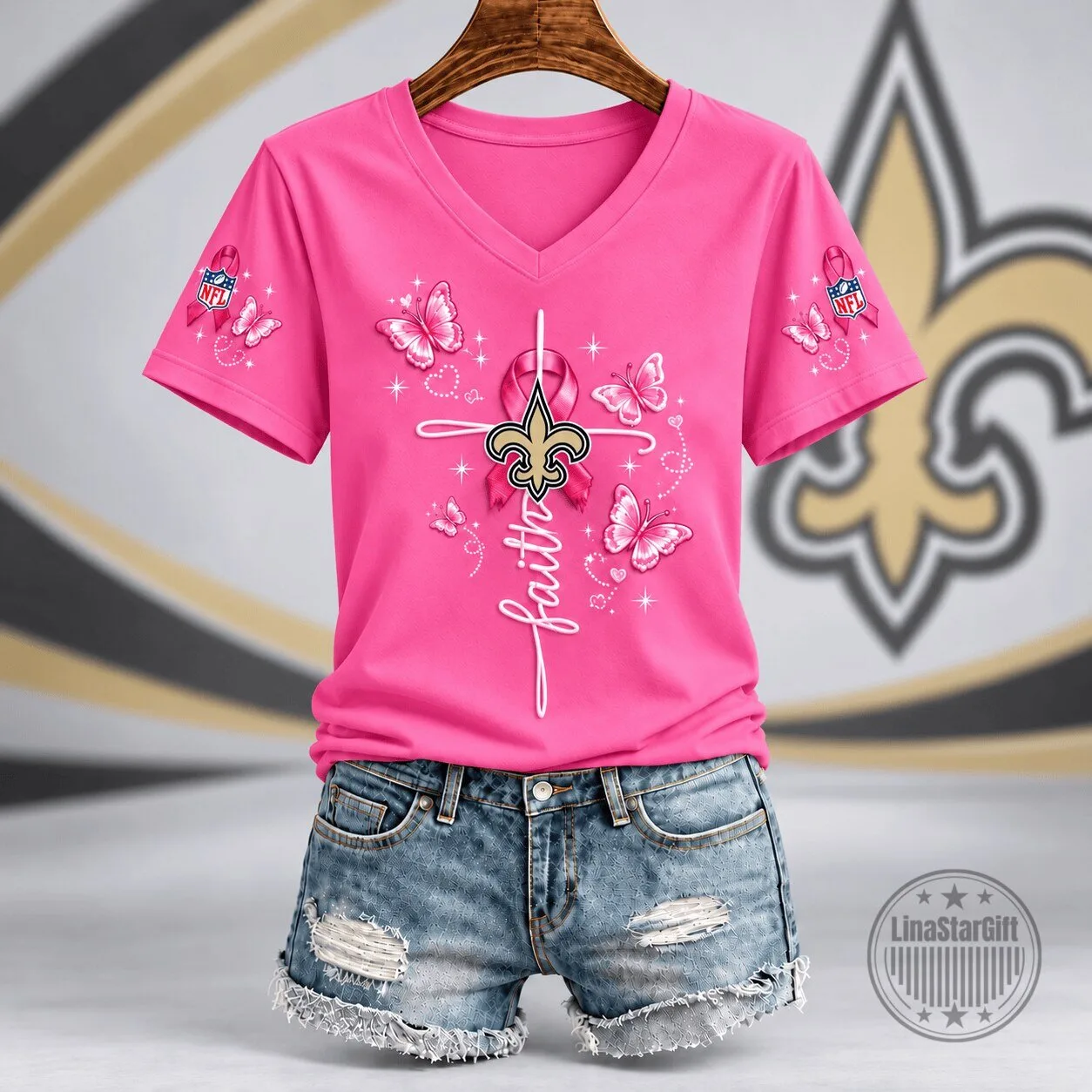 New Orleans Saints Faith Hope Love Breast Cancer Awareness Pink V-Neck T-Shirt