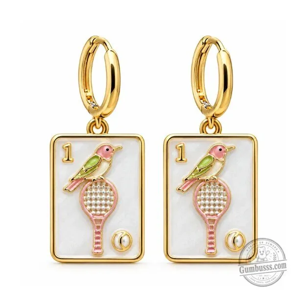 Tennis Bird Mahjong Tile Dangle Earrings 3 Tennis Bird Mahjong Tile Dangle Earrings