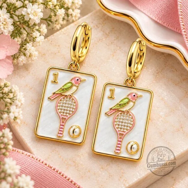Tennis Bird Mahjong Tile Dangle Earrings 4 Tennis Bird Mahjong Tile Dangle Earrings