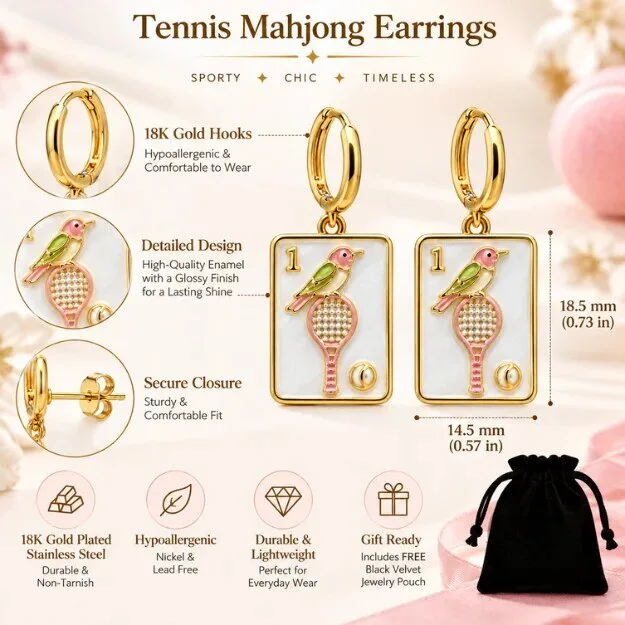 Tennis Bird Mahjong Tile Dangle Earrings 5 Tennis Bird Mahjong Tile Dangle Earrings