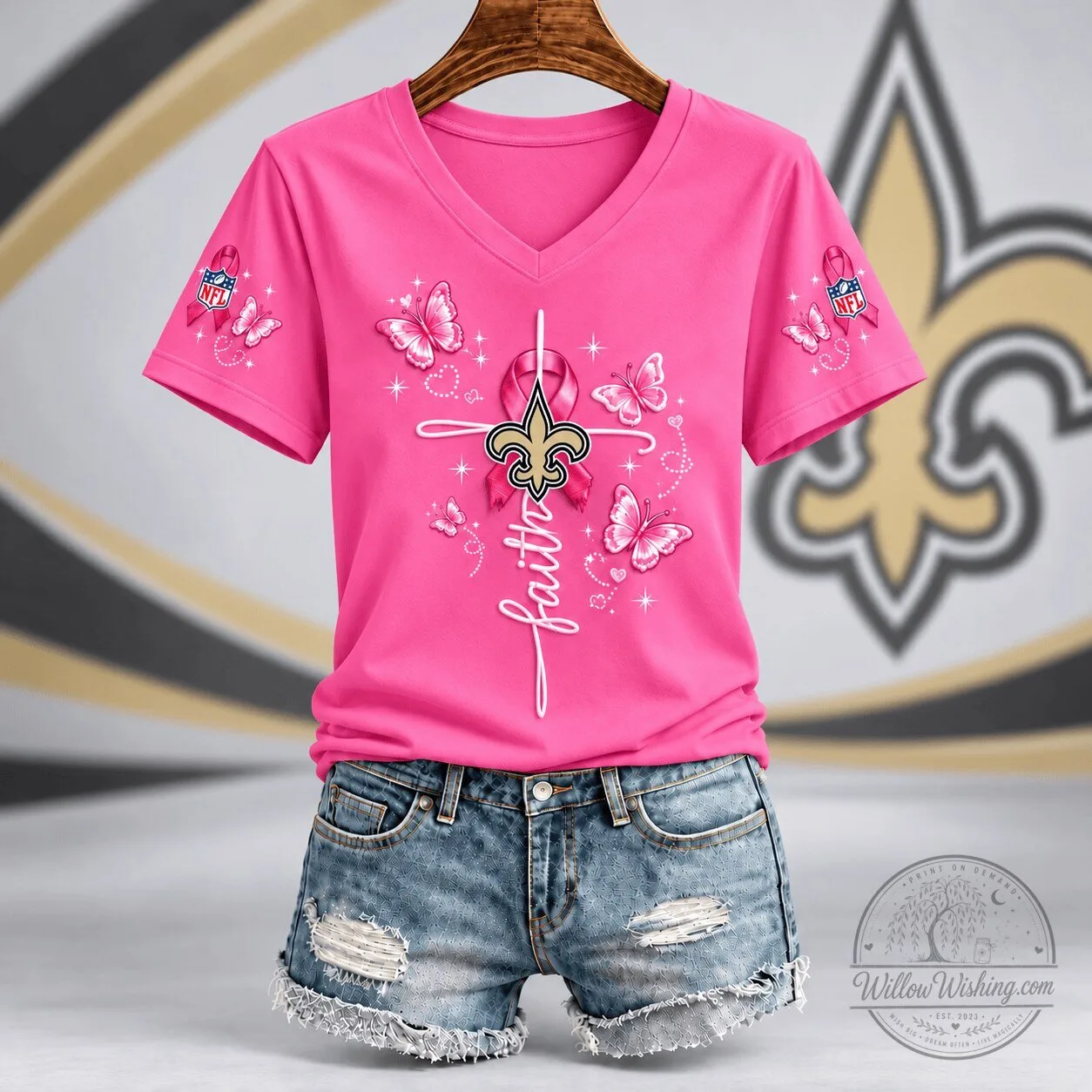 New Orleans Saints Faith Hope Love Breast Cancer Awareness V-Neck T-Shirt 2 New Orleans Saints Faith Hope Love Breast Cancer Awareness V-Neck T-Shirt