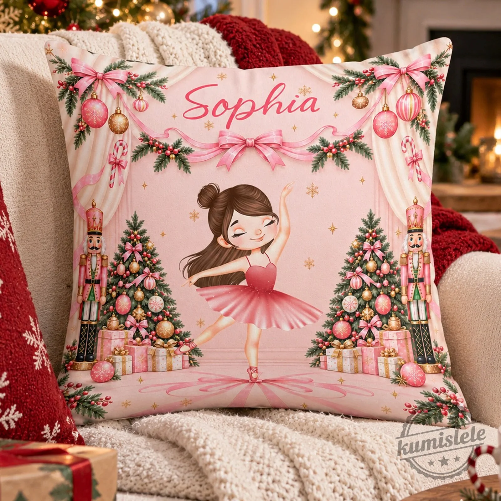 Personalized Ballerina Christmas Pillow, Custom Name Ballet Dancer Holiday Cushion