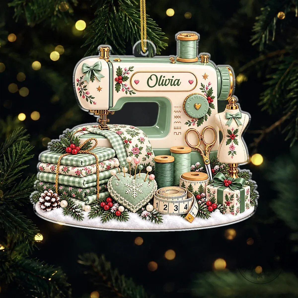 Personalized Sewing Machine Christmas Tree Ornament with Olivia Name