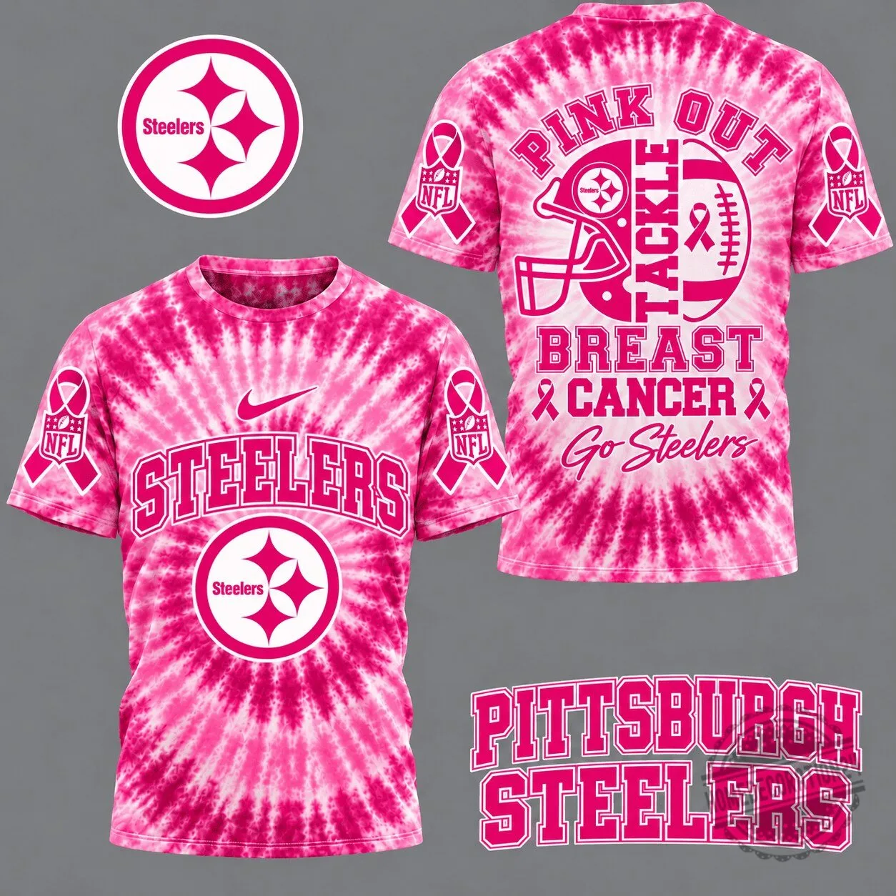 Pittsburgh Steelers Pink Tie-Dye Breast Cancer Awareness Football T-Shirt