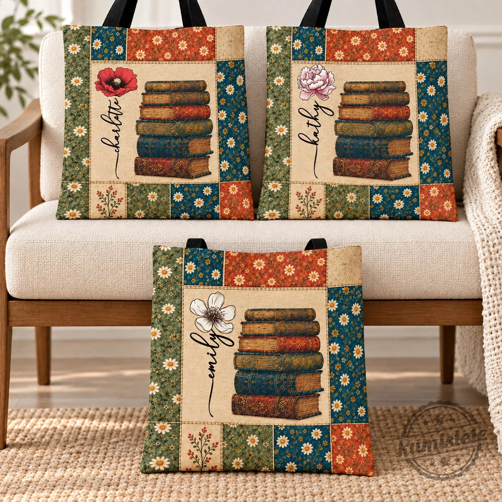 Personalized Vintage Book Patchwork Style Floral Pattern Tote Bag