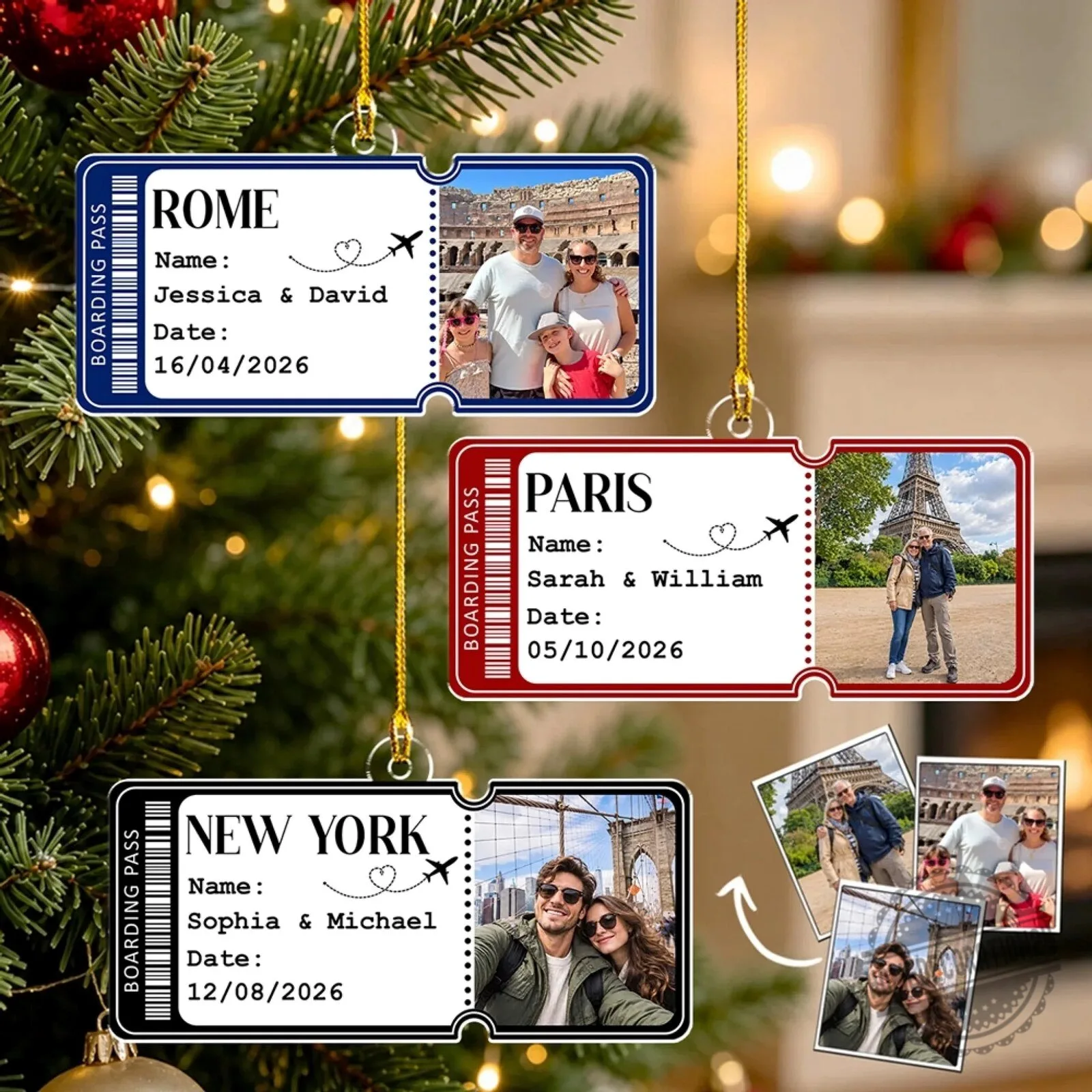 Personalized Travel Boarding Pass Photo Ornament, Custom Vacation Keepsake Gift
