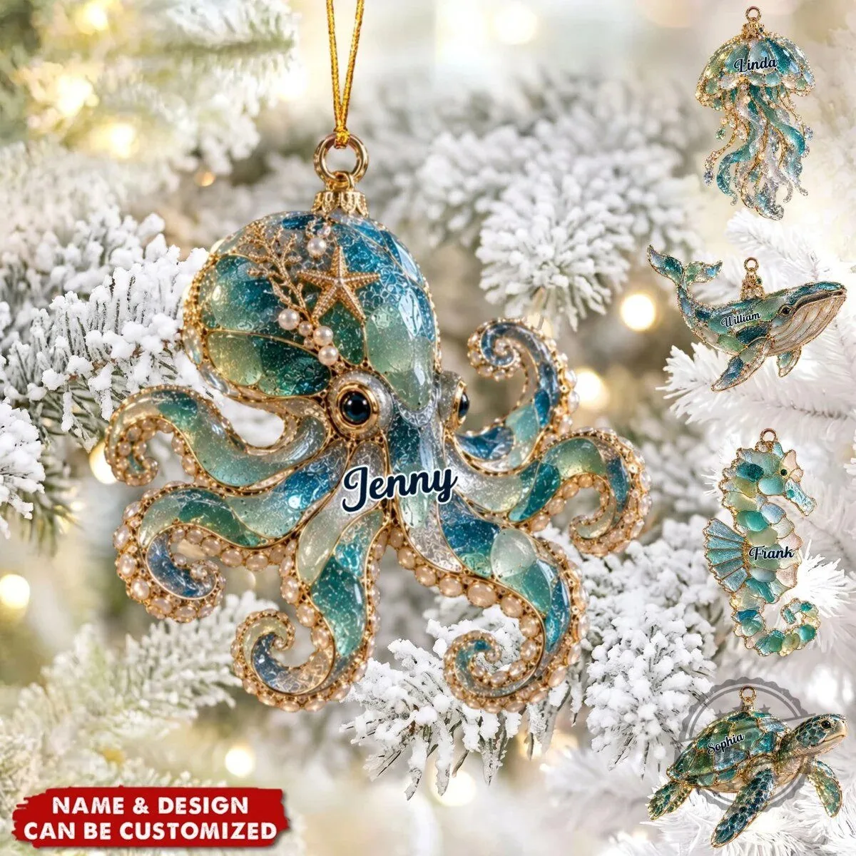 Personalized Ocean Sea Glass Octopus Christmas Tree Ornament Custom Coastal Keepsake