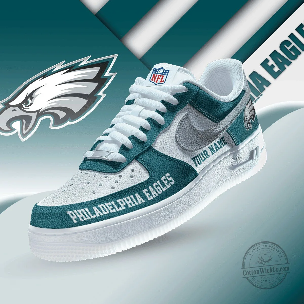 Philadelphia Eagles Custom Name White and Teal Sneakers