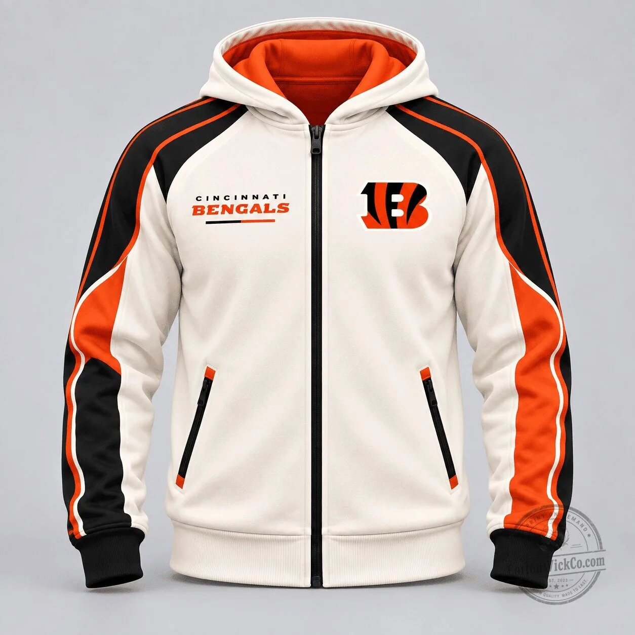 Cincinnati Bengals Football Team White and Orange Full-Zip Hoodie