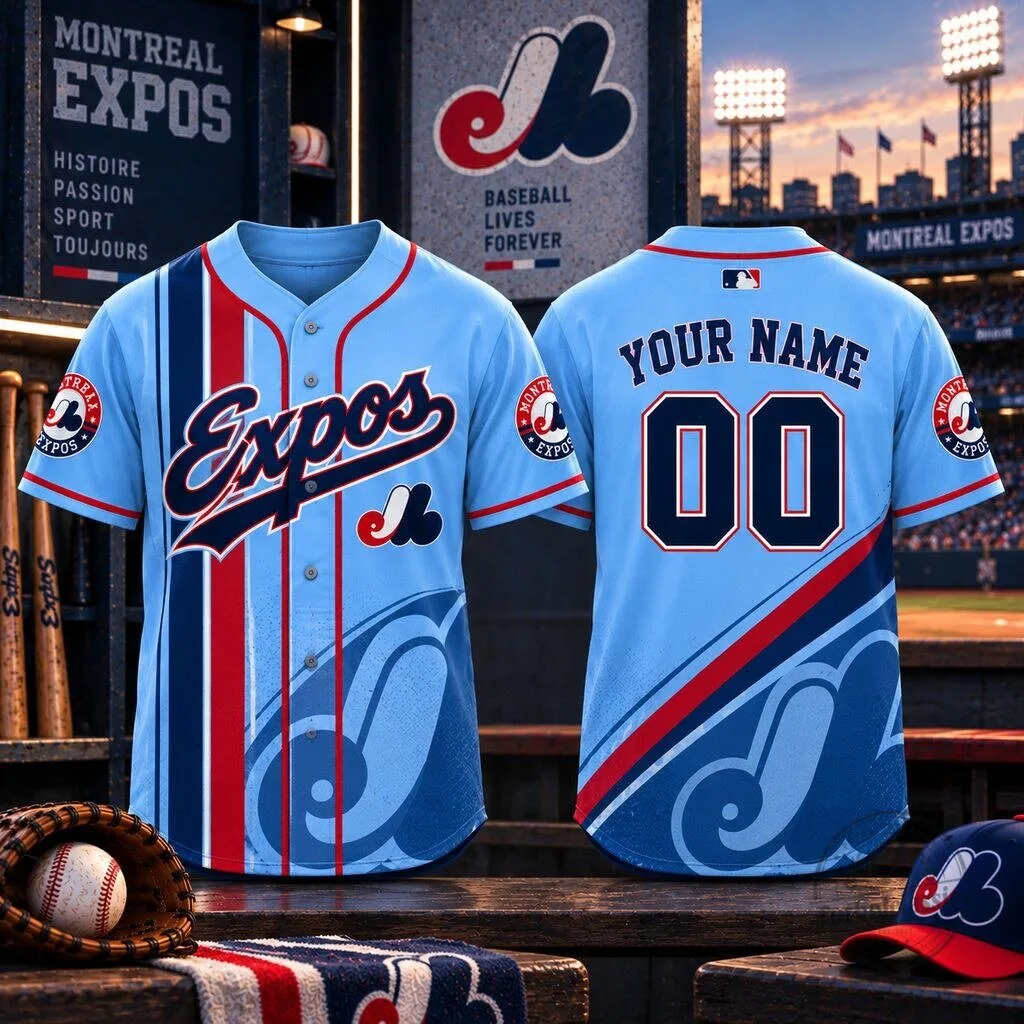Montreal Expos Light Blue Baseball Jersey with Custom Name and Number