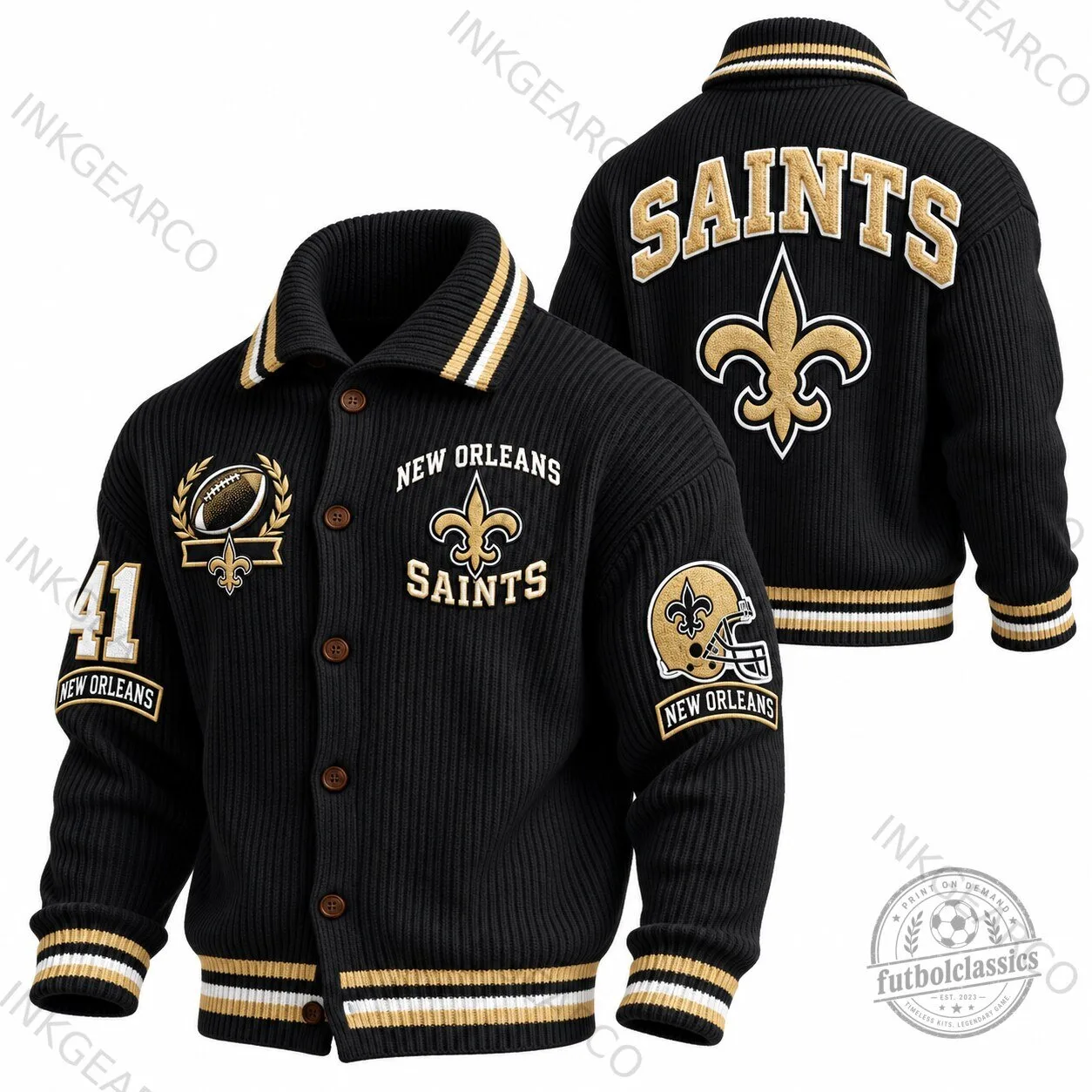 New Orleans Saints Rugby Knit Cardigan Jacket with Button-Up Stand Collar