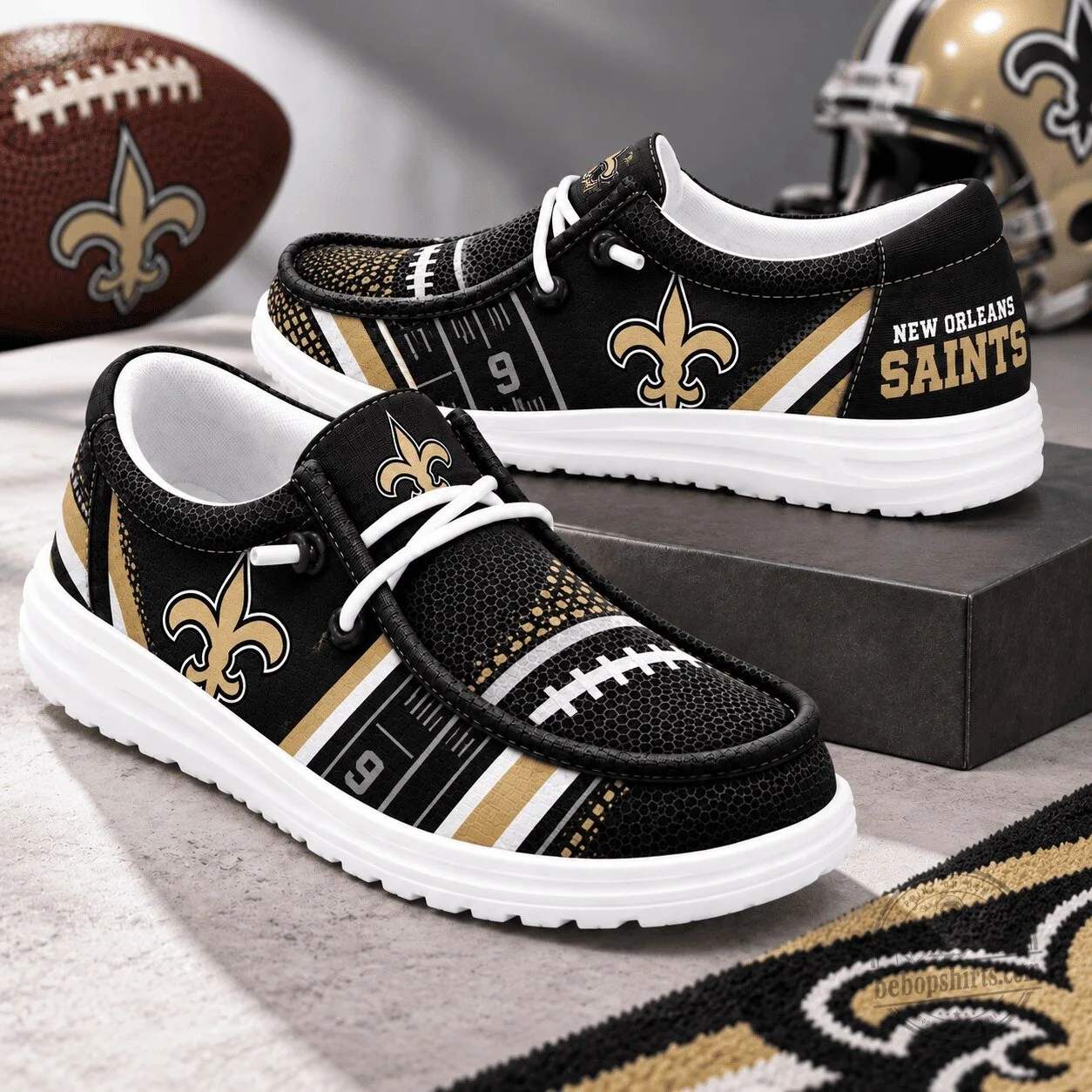 New Orleans Saints Football Team Logo Black and Gold Fan Shoes