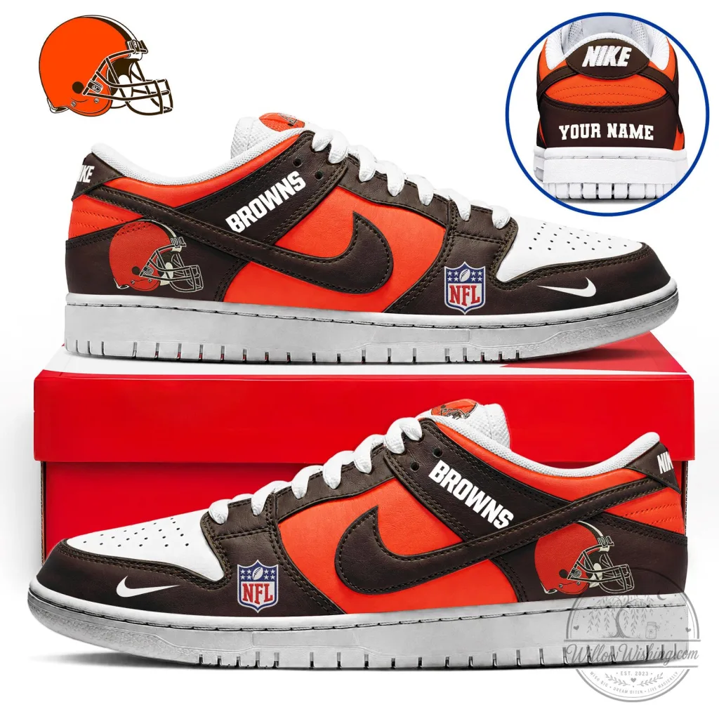 Cleveland Browns NFL Custom Name Orange Brown White Dunk Low Sneakers Cleveland Browns NFL Custom Name Orange Brown White Dunk Low Sneakers