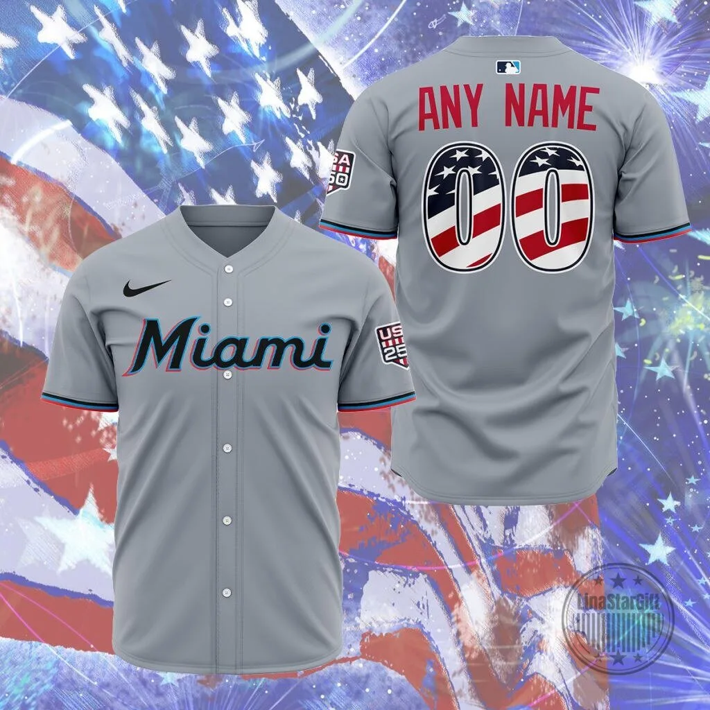 Miami Marlins Personalized Stars and Stripes Fourth of July Baseball Jersey