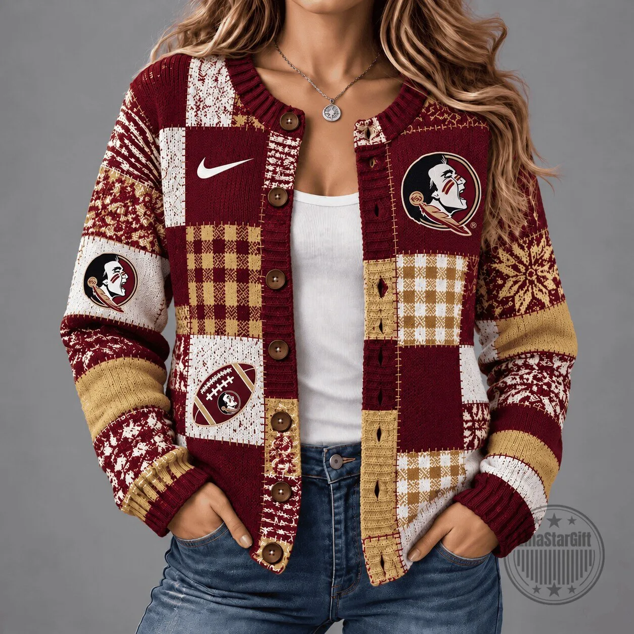 Florida State Seminoles Patchwork Football Cardigan Sweater