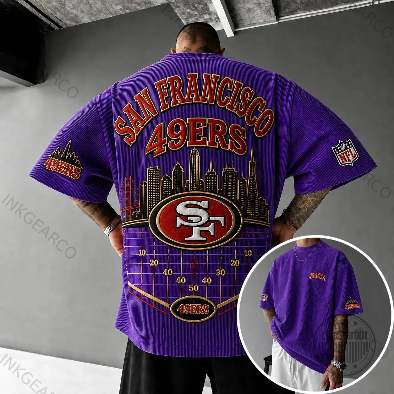 San Francisco 49ers NFL Team Cityscape Purple Oversized T-Shirt