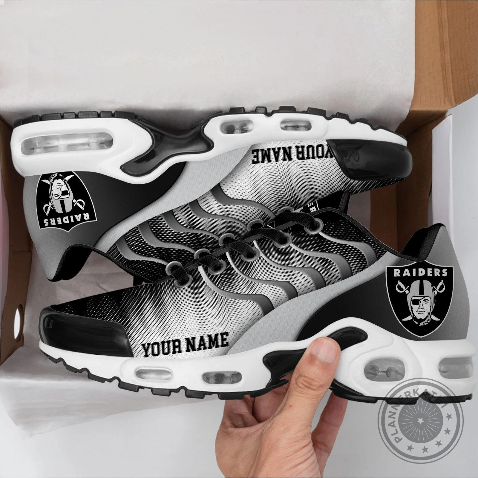 Las Vegas Raiders NFL Custom Name Black and White Air Max Shoes