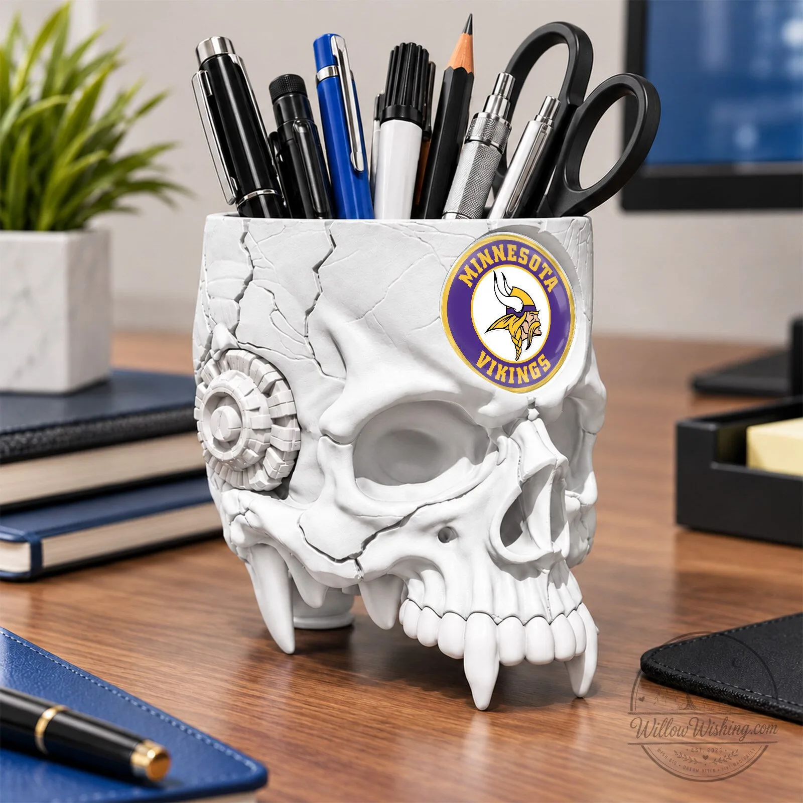 Minnesota Vikings Football Team Skull Pen Holder Desk Organizer Office Decor