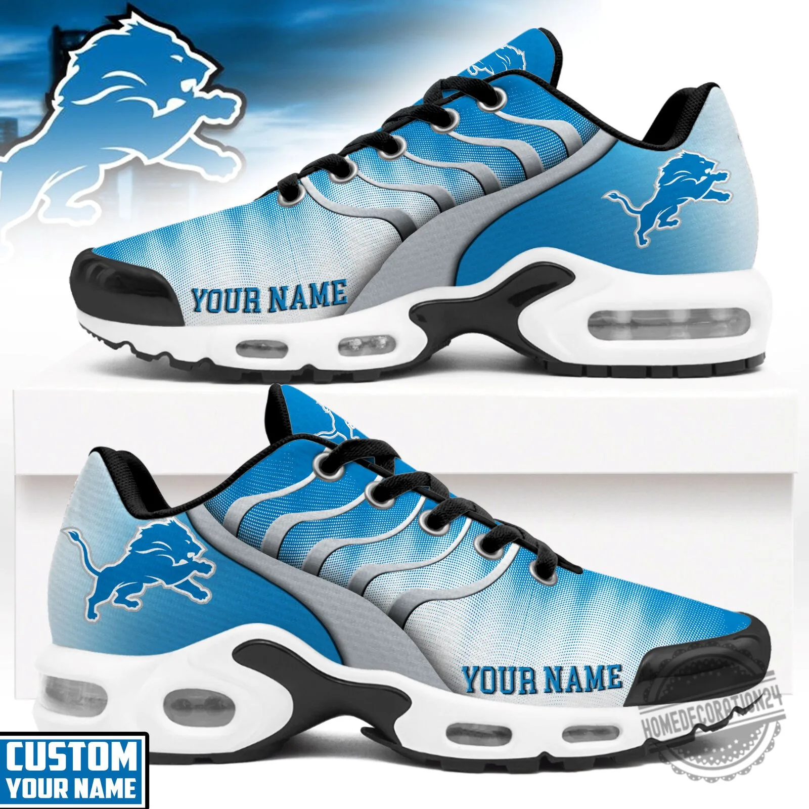Detroit Lions Personalized Blue Air Max Sneakers Custom Name NFL Football Shoes