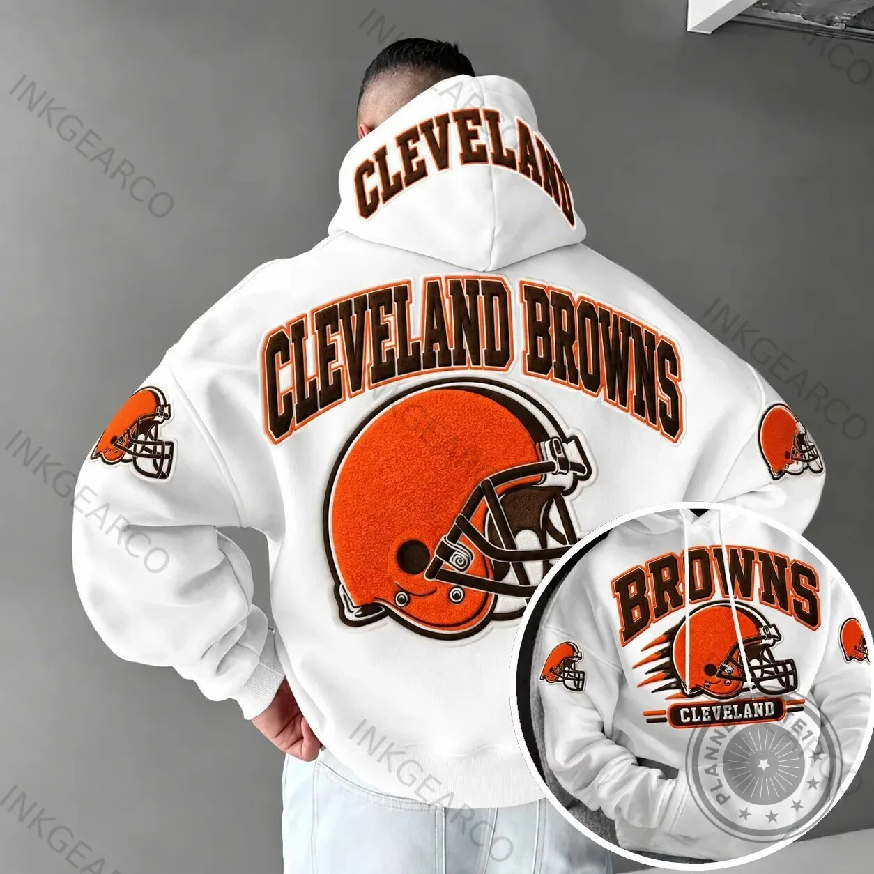 White Hoodie Featuring Cleveland Browns Football Team Helmet Logo