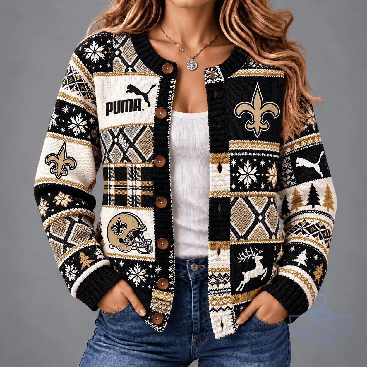 New Orleans Saints Christmas Patchwork Ugly Sweater Cardigan