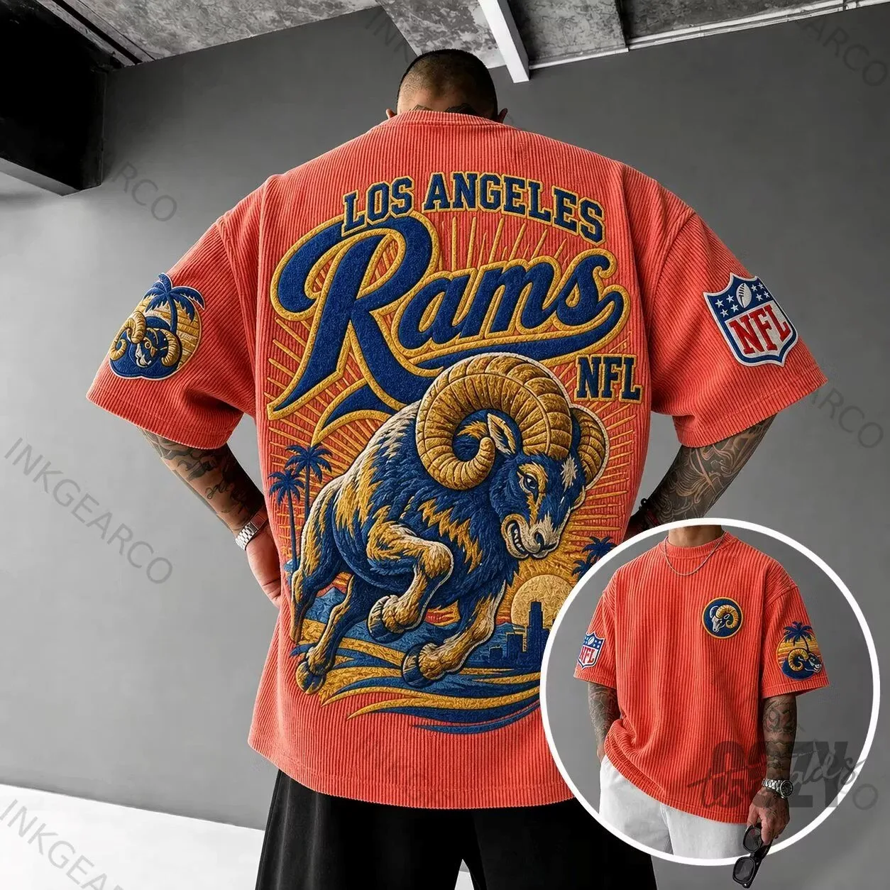 Los Angeles Rams NFL Football Team Logo Corduroy Oversized T-Shirt