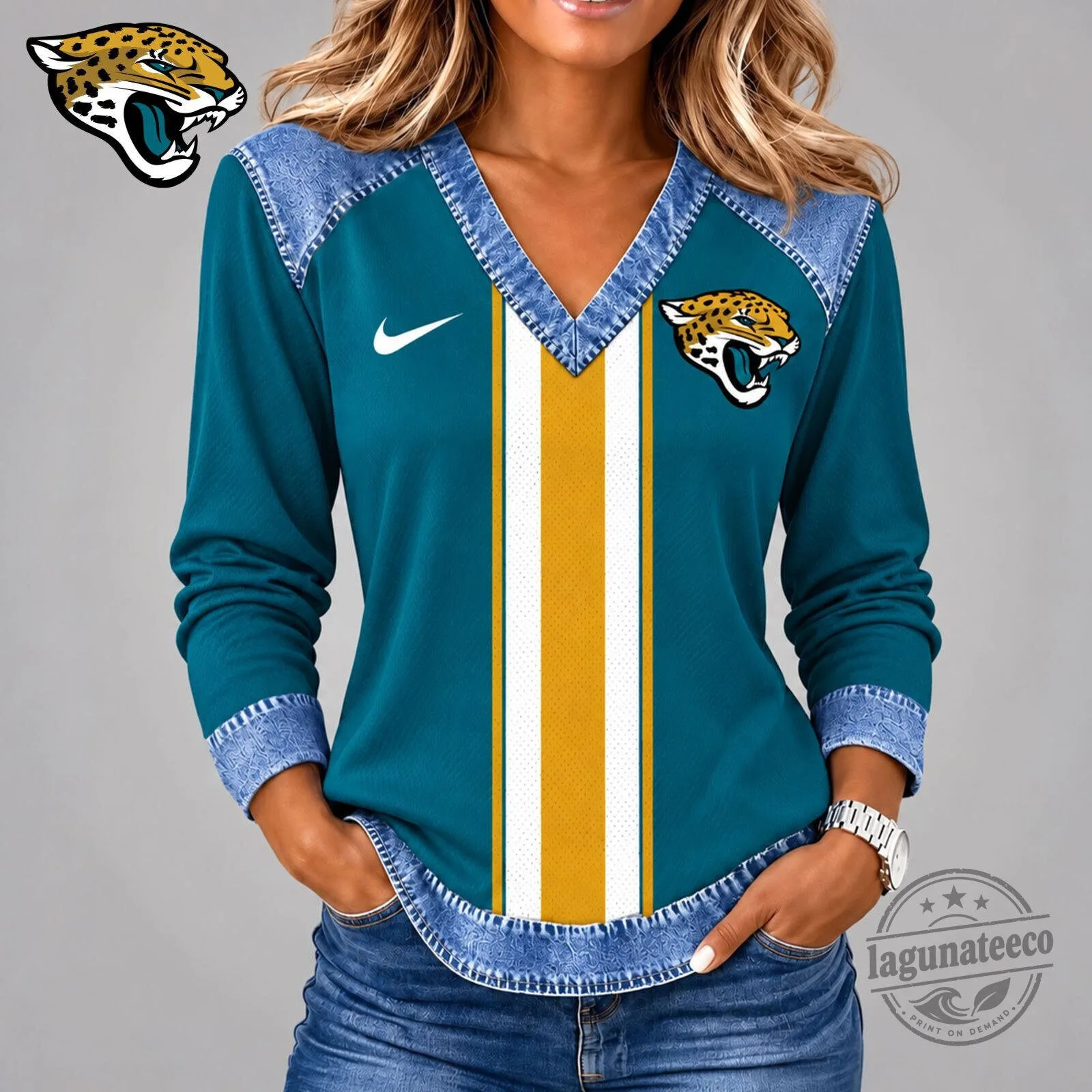 Jacksonville Jaguars NFL Football Team Teal Long Sleeve V-Neck Shirt for Women