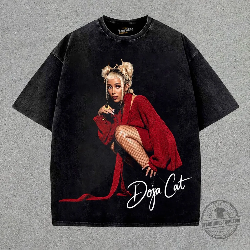 Oversized Black Washed T-Shirt with Vintage Style Graphic Print by Doja Cat Oversized Black Washed T-Shirt with Vintage Style Graphic Print by Doja Cat