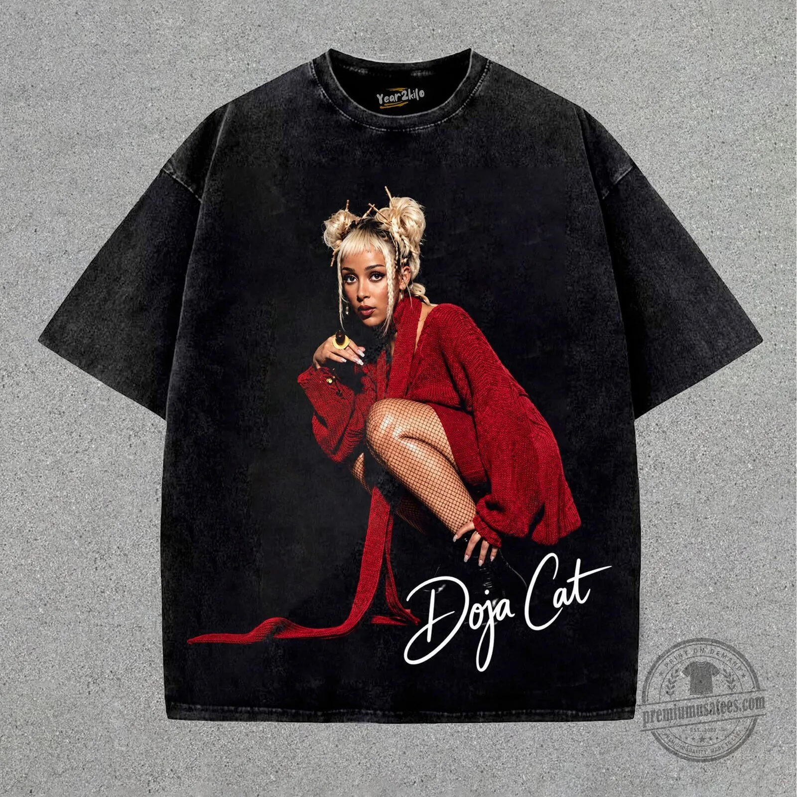 Oversized Black Washed T-Shirt with Vintage Style Graphic Print by Doja Cat