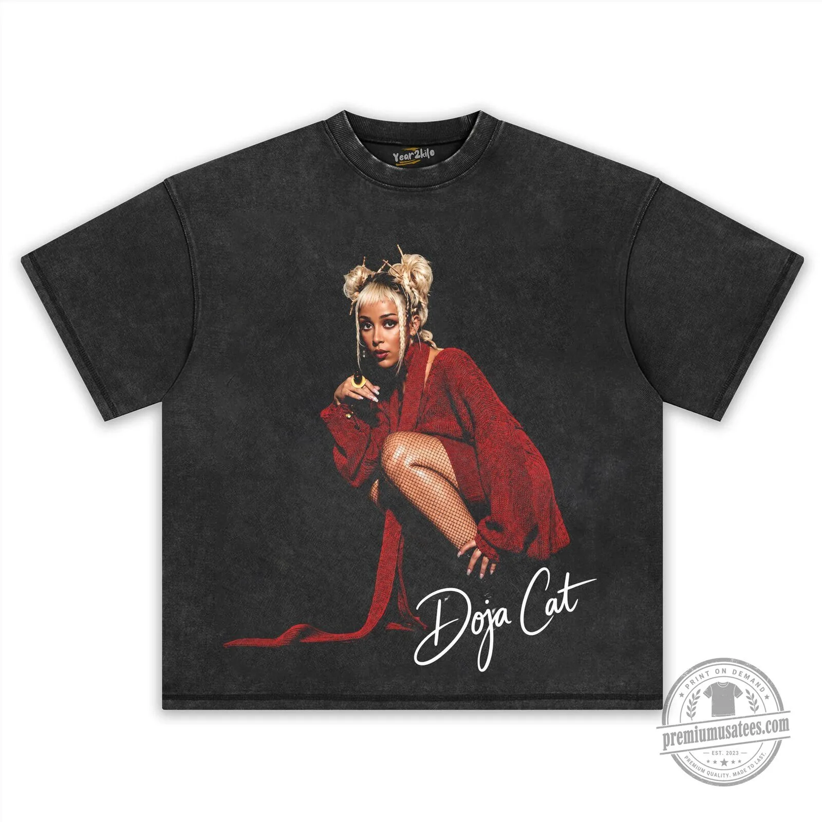Oversized Black Washed T-Shirt with Vintage Style Graphic Print by Doja Cat 10 Oversized Black Washed T-Shirt with Vintage Style Graphic Print by Doja Cat
