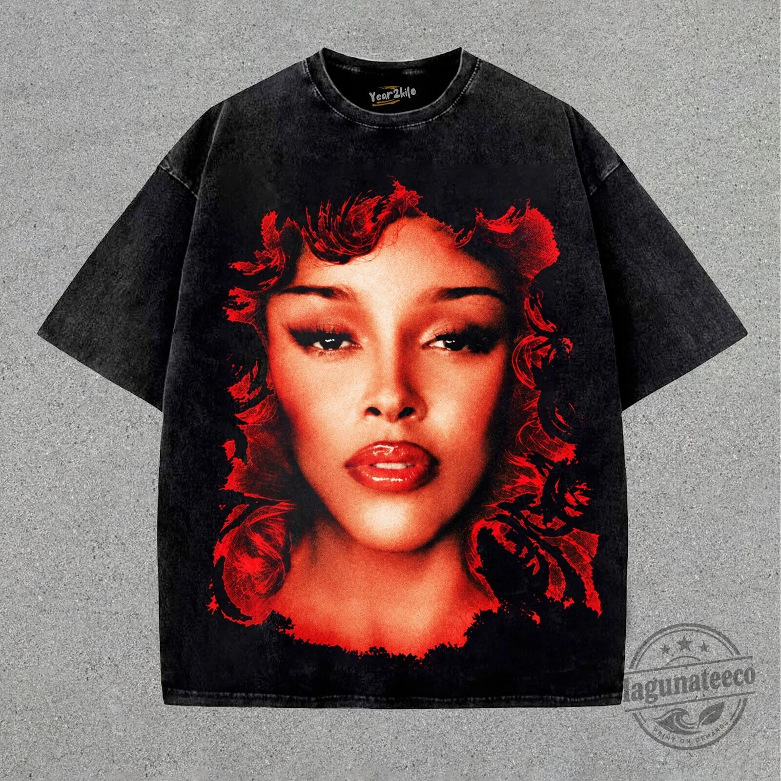 Doja Cat Scarlet Red Portrait Graphic Oversized Washed Black T-Shirt