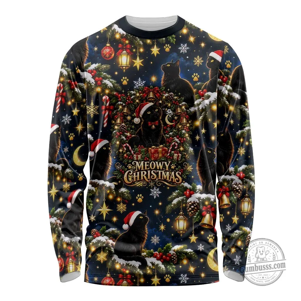 Black Cat Meowy Christmas Festive Night Tree Snow Stars Holiday Pattern Long-Sleeve Shirt