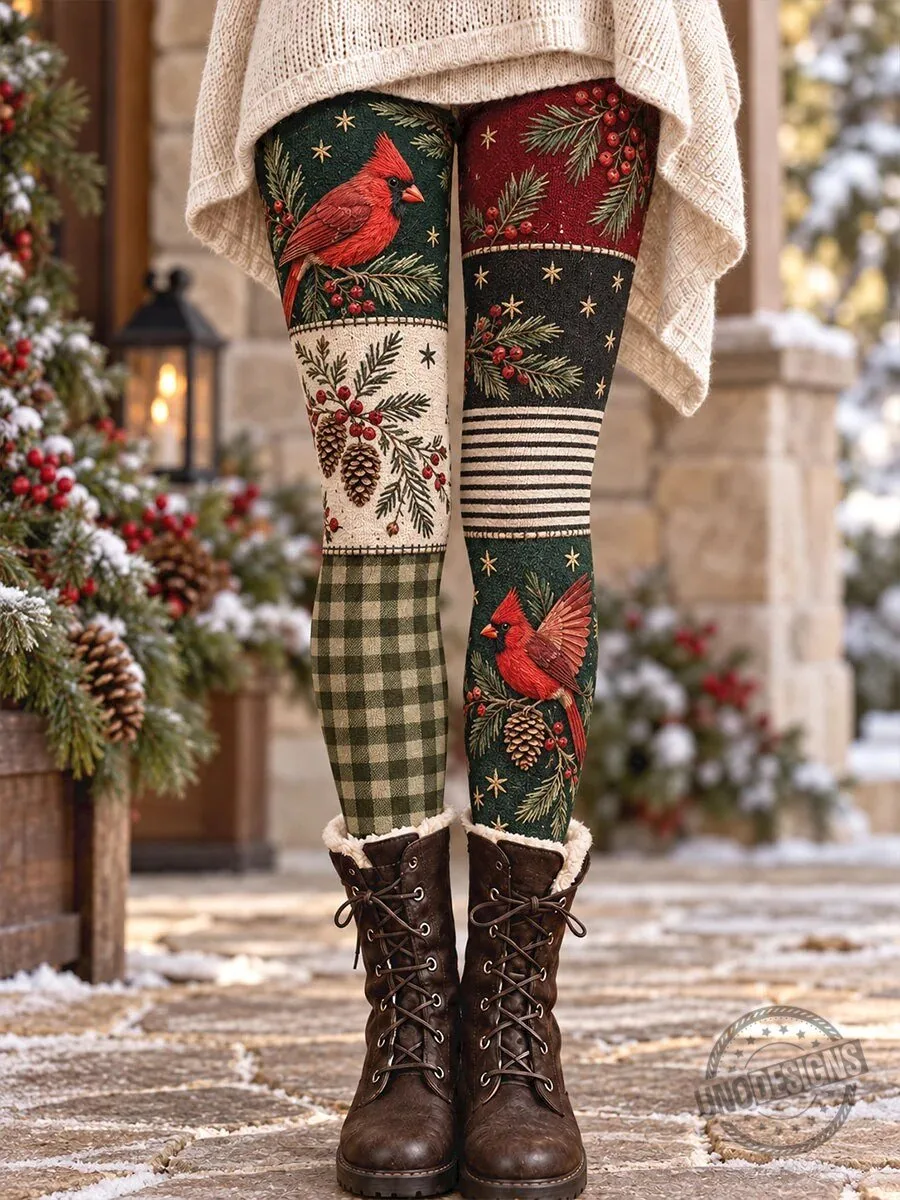 Christmas Cardinal Birds Pinecones Plaid Winter Holiday Leggings for Women