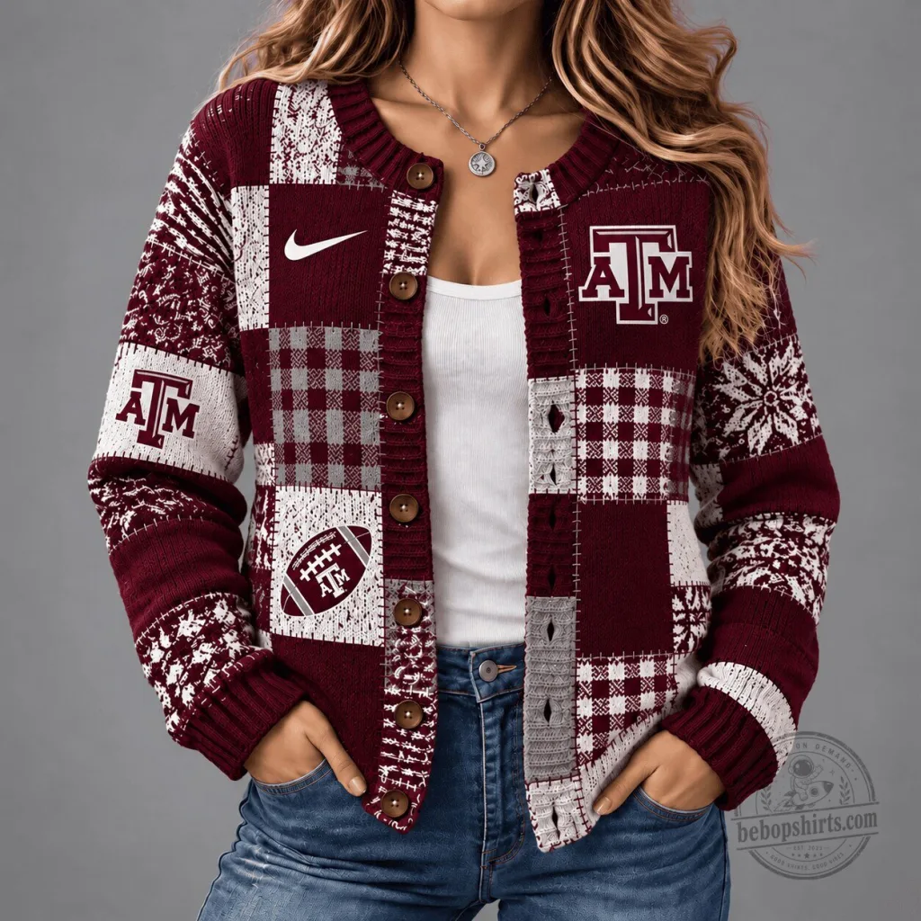 Texas A&M Aggies Football Patchwork Cardigan Sweater for Women Texas A&M Aggies Football Patchwork Cardigan Sweater for Women