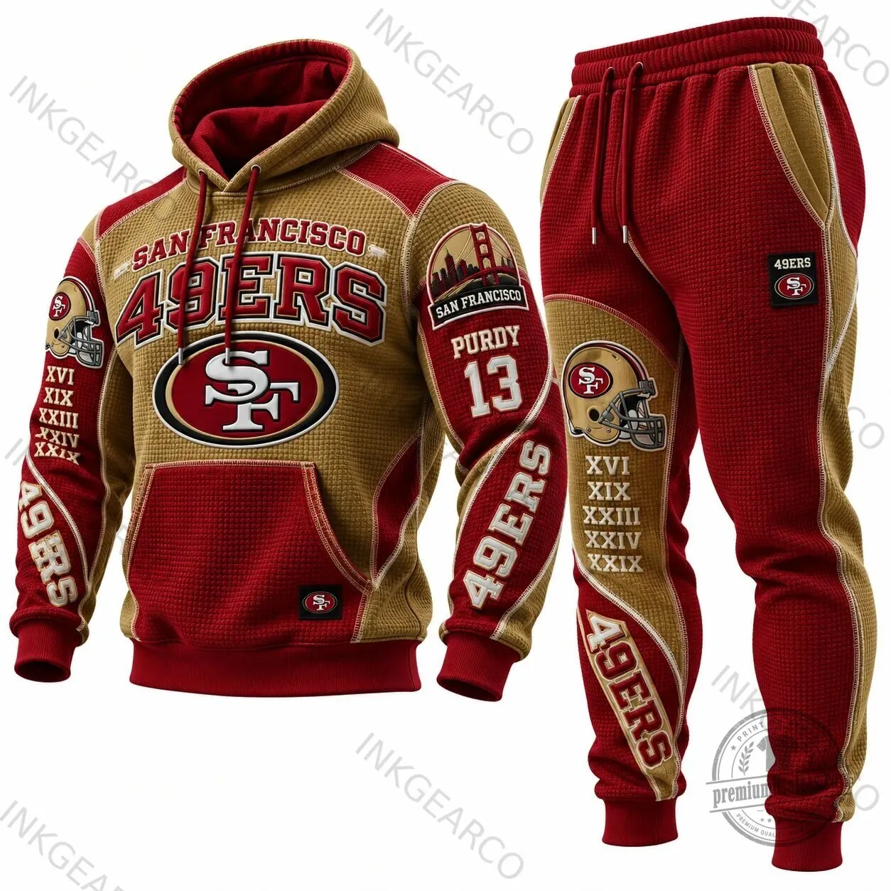 San Francisco 49ers Gold Red Waffle Knit Hoodie Sweatshirt