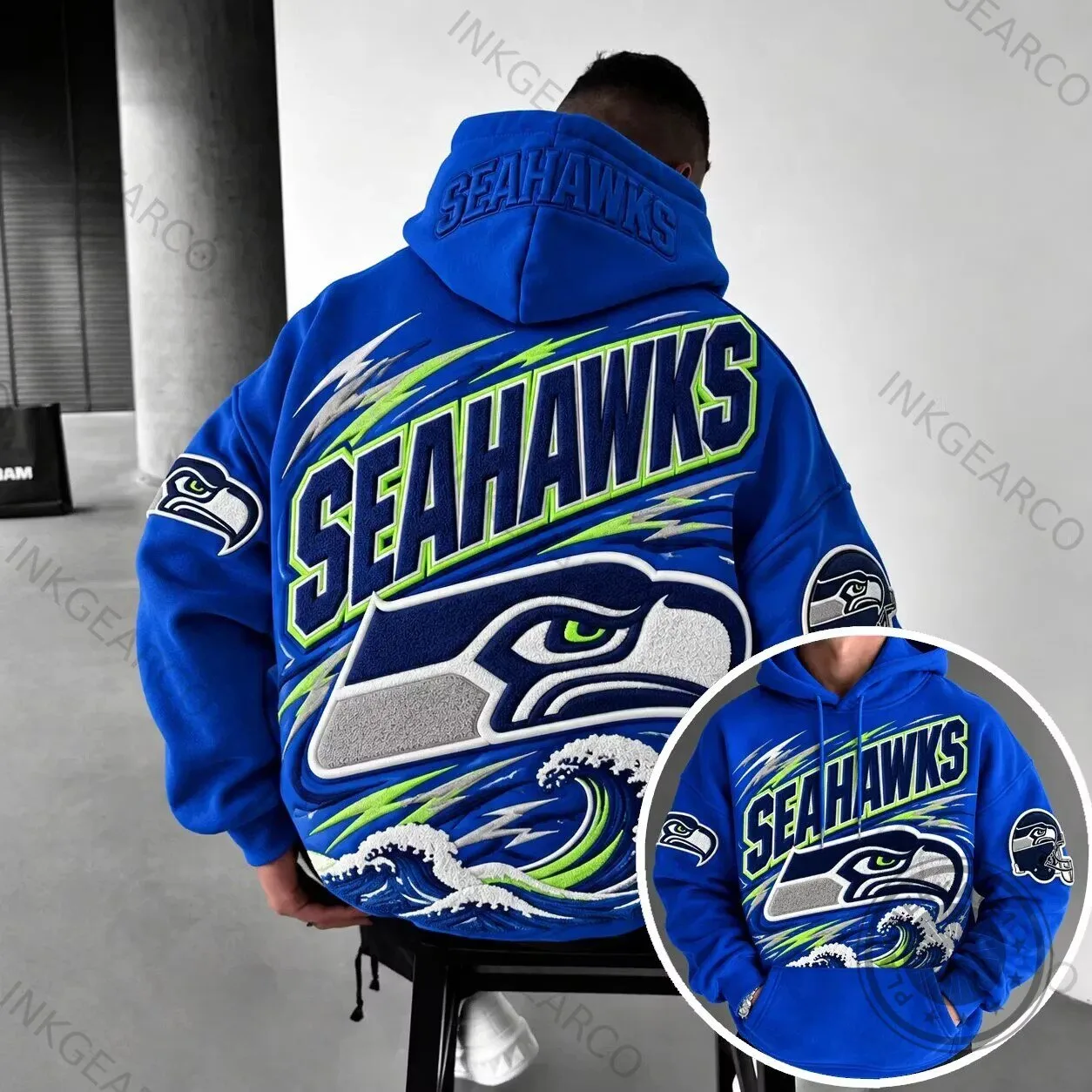 Seattle Seahawks Football Team Blue Embroidered Logo Ocean Wave Hoodie